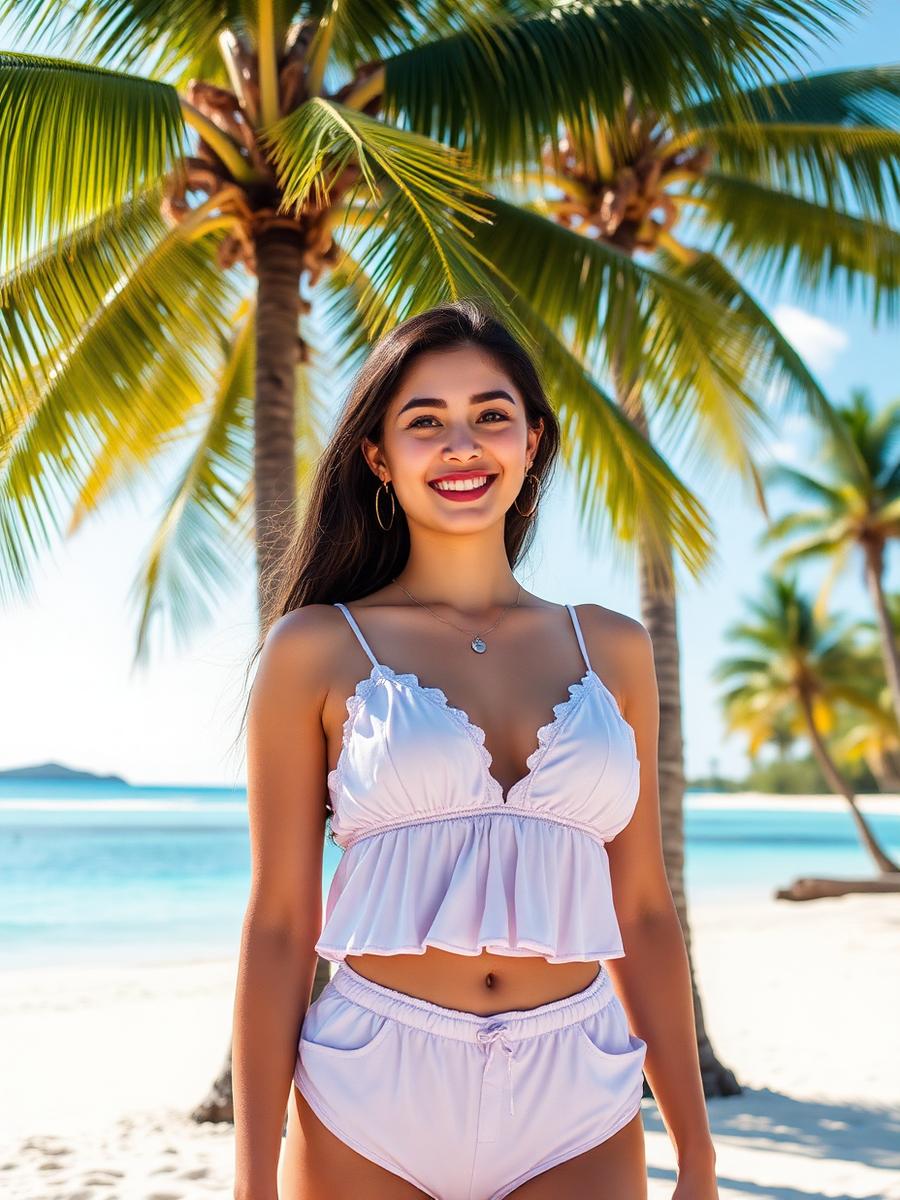 Yumi, a soft-spoken AI companion on DokiChat AI, under palm trees